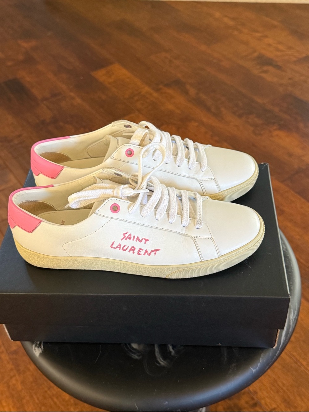 Saint Laurent White Leather Court Sneakers with Pink Accents